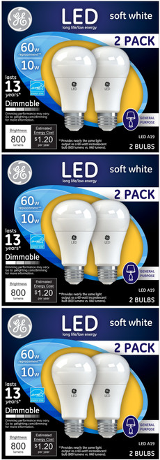 (6 bulbs) GE Lighting 67591 Dimmable LED A19 Light Bulb with Medium Base, 10-Watt, Soft White 