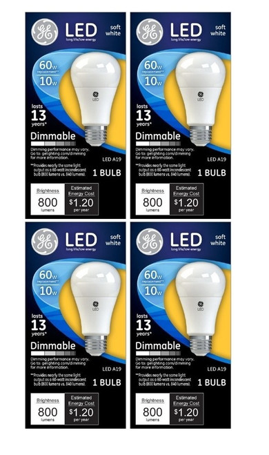 (quantity of 4) GE Lighting LED A19, 10 watt, 800 lumen, Soft White, Dimmable, Medium Base   