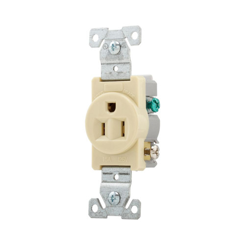 Eaton 817V Commercial Grade single receptacle, #14-10 AWG, 15A, Commercial, Flush, 125V, Side wire, Ivory, Brass, Nylon, 5-15R, Single, Screw, PVC, ED Box 