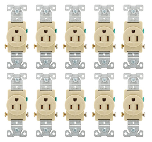 (case of 10) Eaton 817V Commercial Grade single receptacle, #14-10 AWG, 15A, Commercial, Flush, 125V, Side wire, Ivory, Brass, Nylon, 5-15R, Single, Screw, PVC,  ED Box