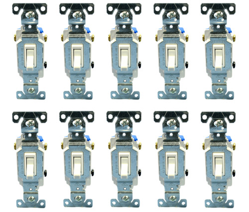(case of 10) Eaton Toggle Switch, 15A, White, 3-way Non-Grounded, 1303W-BOX