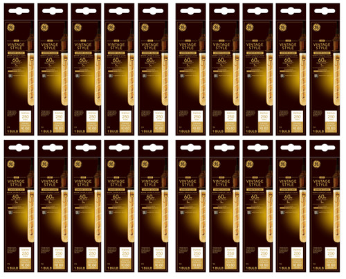 (case of 20)  GE Lighting Vintage Style LED Tube Light Bulb, 5 Watts (60 Watt Equivalent) Warm Candle Light, Amber Glass, Medium Base, Dimmable, spiral filament 