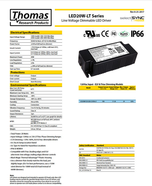 Hubbell Thomas Research Products Line Voltage Dimmable LED Driver, LED20W120-028-C0700-LT, 20W Constant Current Power Supply, 120V