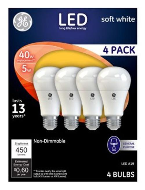 G E LIGHTING 61973 LED Light Bulbs, Soft White, 450 Lumens, 5-Watt, 4-Pk. - Quantity 4