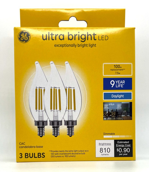GE ultra bright LED 100 watt equivalent CA12 Daylight Dimmable Decorative Candle Light Bulb (3 pack)