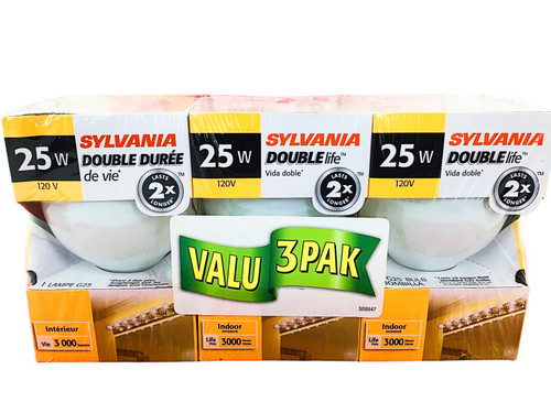 (3 bulbs) Sylvania Double Life 25W Globe Light Bulbs, White, frosted, G25, 3000K 
