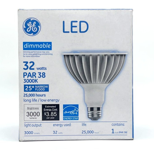 GE 88801 LED PAR38, 3000K, 25 degree narrow flood lamp, 3000 lumens, 32 watts, long life low energy