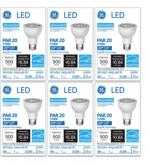 (case of 6) GE Lighting LED Lamp, 7 watt, 120 volt, PAR20, Medium Base, 500 lumens, 80 CRI, 2700 K