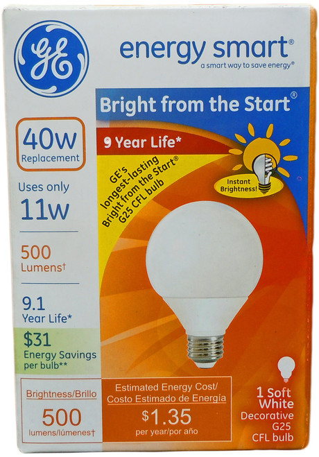 GE Energy Smart "Bright from the Start" CFL 11-Watt (40-Watt Replacement) 500-Lumen G25 Light Bulb with Medium Base 1-Pack