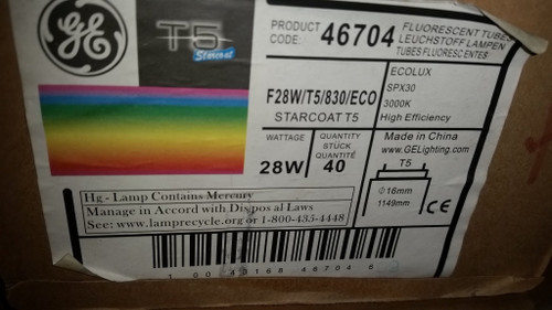 (Case of 40) F28W / T5 / 830 / ECO - 4 ft. - 28 Watt - T5 Fluorescent - 3000K - GE 46704