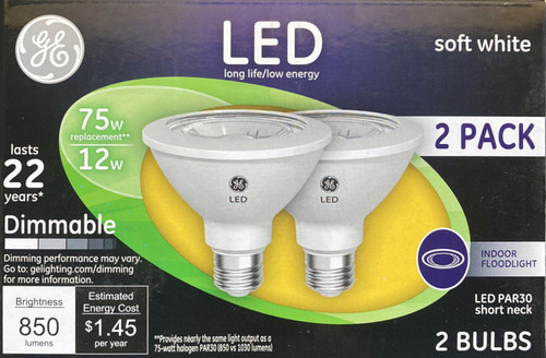 (2 pack) GE 96924 PAR30 short neck LED 12 Watt (75 watt equivalent), 850 Lumen Dimmable Indoor Floodlight with Medium Base, Soft White Light Bulb (2 pack) GE 96924 PAR30 short neck LED 12 Watt (75 watt equivalent), 850 Lumen Dimmable Indoor Floodlight with Medium Base, Soft White Light Bulb