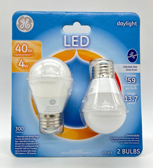 (2 bulbs) GE Lighting LED A15 Light Bulb, 40 Watt Equivalent, Daylight 5000K, Ceiling Fan Dimmable LED Light Bulb, 300 lumens