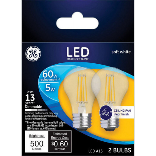 (2 bulbs) GE LIGHTING 23444 LED Light Bulb, A15 Fan Bulb, Clear finish, 5 watts, 500 lumens, Dimmable, Soft white, medium base