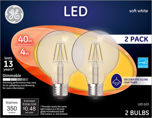 GE Lighting 23192 Clear Finish Light Bulb Dimmable LED G25 Decorative Globe 4 (40-Watt Replacement), Energy-Star Rated, 350-Lumen Medium Base, 2-Pack, Soft White, 2 Count