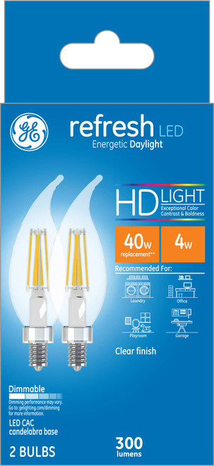 GE Lighting 31425 Clear Finish Light Bulb Refresh HD Dimmable LED Decorative 4 (40-Watt Replacement), 300-Lumen Medium Base Bent Tip, 2-Pack Candelabra, Daylight, 2