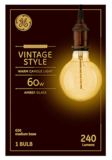 GE 46176 Vintage G30, Amber Glass, 60 watt Incandescent, spiral 