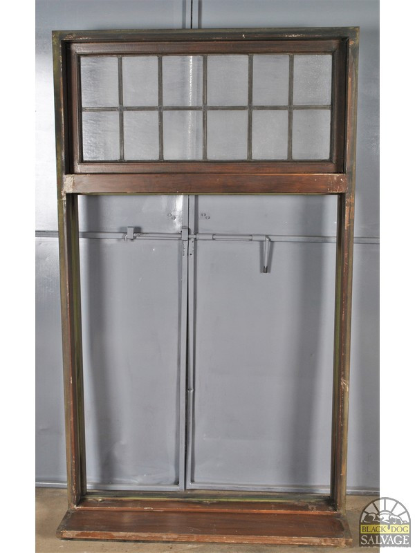 Salvaged Steel Window Frame with Leaded Glass Transom, 81.5