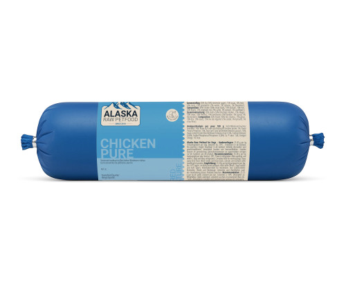 Alaska Dog Pure - Chicken is a frozen, 100% natural raw dog food (BARF) consisting of 85% chicken (meaty backs, stomach, liver, heart) and 15% fresh vegetables (carrot, spinach, cauliflower). It is a finely minced, single-protein, supplementary meal, ideal for adding variety to a raw diet and supporting digestion and coat health.