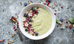 Pistachio & Greens Smoothie Bowl with Spiced Coconut Granola