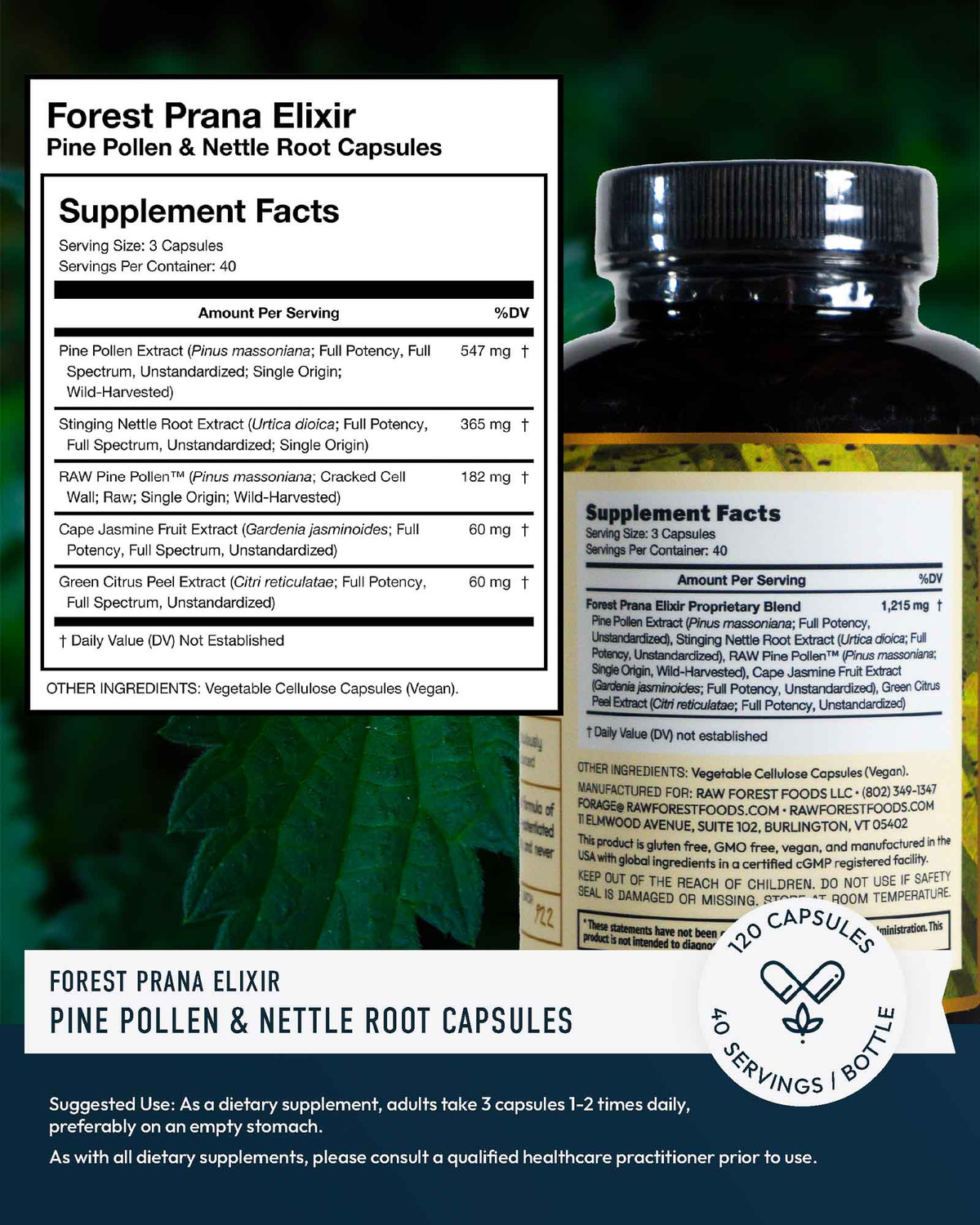  Forest Prana Elixir: Pine Pollen and Nettle Root Capsules —  Synergistic and Adaptogenic Pine Pollen Support — Bioavailable Ultra-Pure  Extracts — Men & Women — No Fillers, Non-GMO — 120 Count 
