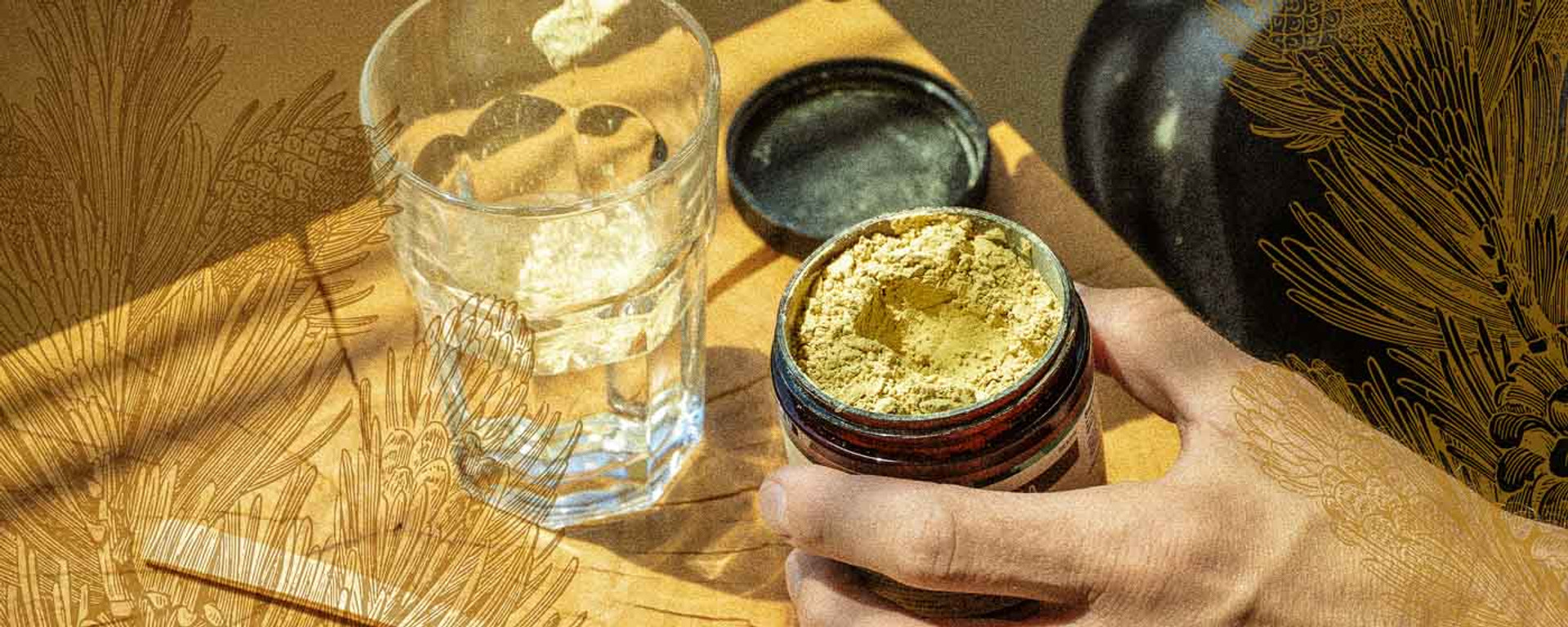 A jar of Forest Manna RAW Pine Pollen™ Powder with a spoonful being added to a glass of cool water for the Mountain Harvest Pine Pollen™ collection