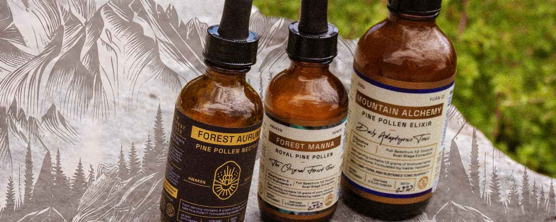 Three Pine Pollen tinctures—Forest Aurum Pine Pollen Nectar, Forest Manna Royal Pine Pollen, and Mountain Alchemy Pine Pollen Elixir—featured together for the Pine Pollen Tincture collection
