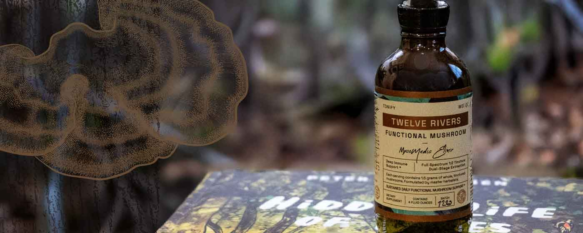 Bottle of Twelve Rivers Functional Mushroom MycoMedic Elixir Tincture displayed outdoors on a forest surface with illustrated mushroom imagery in the background