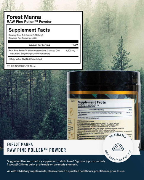 Forest Manna RAW Pine Pollen™ Powder — Single Origin, Cracked Cell Wall, Non-Irradiated — 70 Grams