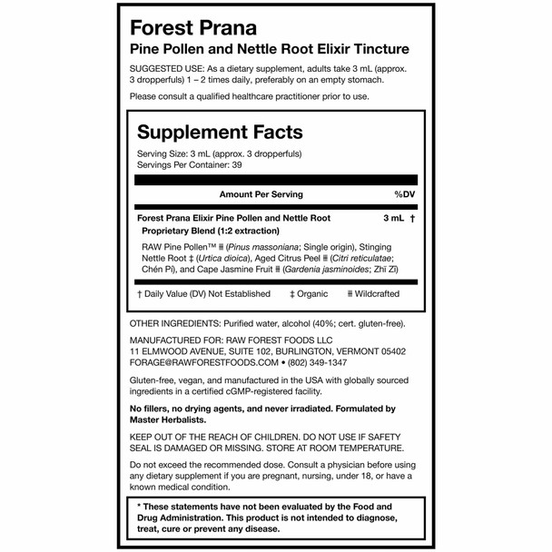Forest Prana Pine Pollen and Nettle Root Elixir Tincture – 4 Fluid Ounce Bottle