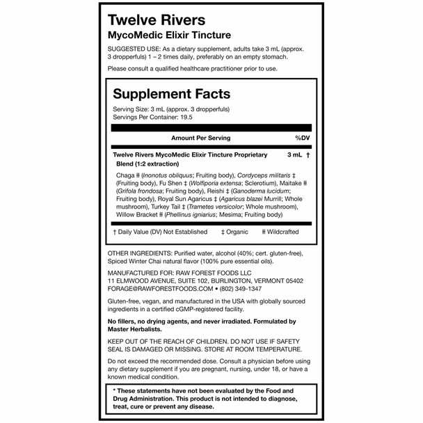 Twelve Rivers Functional Mushroom Elixir Tincture 2 Fluid Ounces