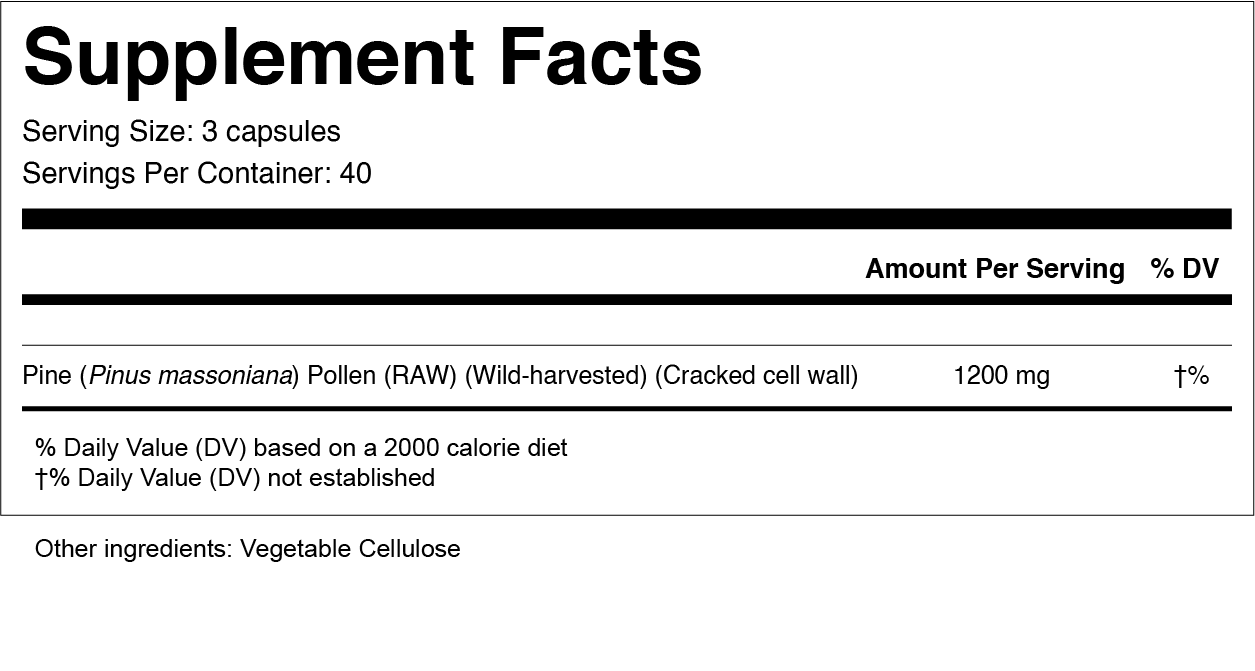 RAW Pine Pollen Capsules Supplement Facts RAW Pine Pollen Capsules Supplement Facts