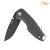 VZ Drop Point folding pocket knife with black blade and Black G-10 scales shown with a partially open blade.