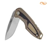 VZ Drop Point folding pocket knife with stainless steel blade and Hyena Brown G-10 scales shown with a partially open blade.
