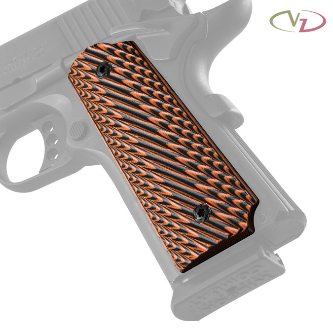 VZ Slant Tiger Stripe G-10 grips on a black Colt® 1911. VZ Slant Tiger Stripe G-10 grips on a black Colt® 1911.