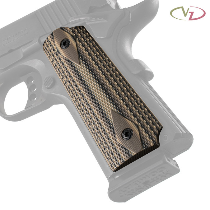 VZ's Double Diamond Hyena Brown G-10 grips on a black Colt® 1911. VZ's Double Diamond Hyena Brown G-10 grips on a black Colt® 1911.