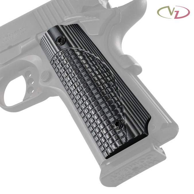 VZ's ETC/FRAG Black Gray G-10 grips on a black Colt® 1911. VZ's ETC/FRAG Black Gray G-10 grips on a black Colt® 1911.