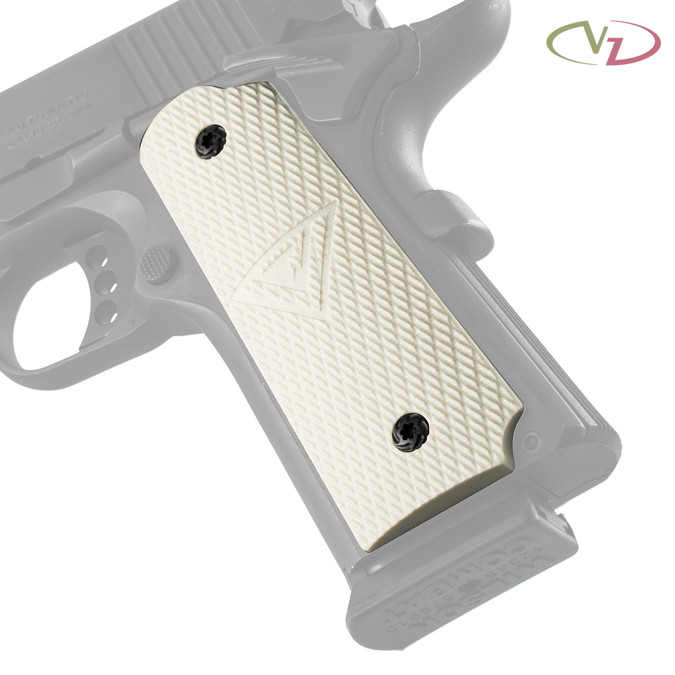 VZ's Tactical Slants Ivory G-10 grips with a Vickers Tactical engraving on a black Colt® 1911. VZ's Tactical Slants Ivory G-10 grips with a Vickers Tactical engraving on a black Colt® 1911.