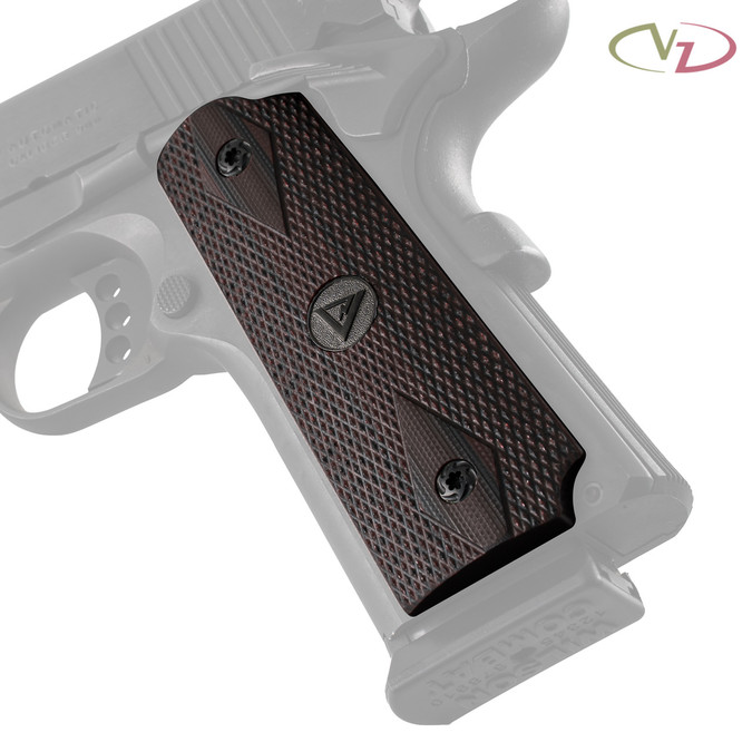 VZ's Double Diamond Black Cherry G-10 grips with a Vickers Tactical Medallion on a black Colt® 1911. VZ's Double Diamond Black Cherry G-10 grips with a Vickers Tactical Medallion on a black Colt® 1911.