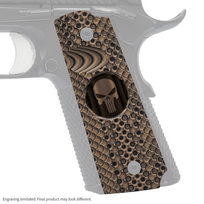 VZ Grips' VZ Recon compact G-10 1911 grip with Punisher II (inverted) skull engraving