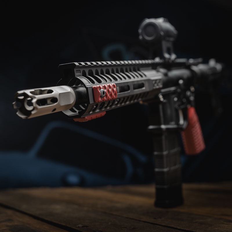 AR-15 Pistol with VZ Grips G-10 M-LOK Rail Covers and G-10 Rifle Grip in VZ Hydra Texture and Black Red color