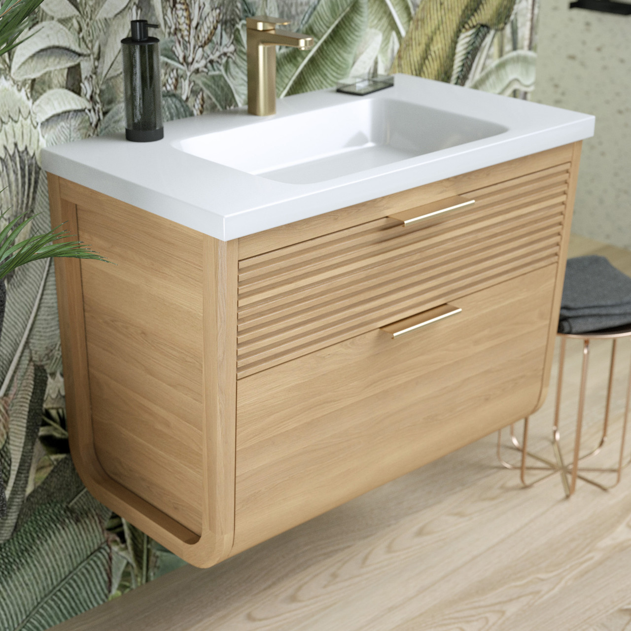 BELANDRE Cabinet 80 cm, 2 drawers with white ceramic wash-basin, Oak