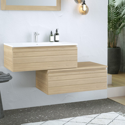 MAGGIORE Cabinet 120 to 140 cm, 2 drawers with white ceramic wash-basin, Oak