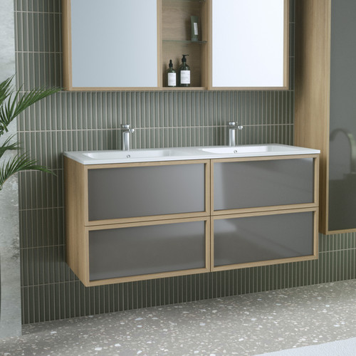 OUTLINE Cabinet 120 cm, 4 drawers (color glass fronts) with white ceramic wash-basin, Oak