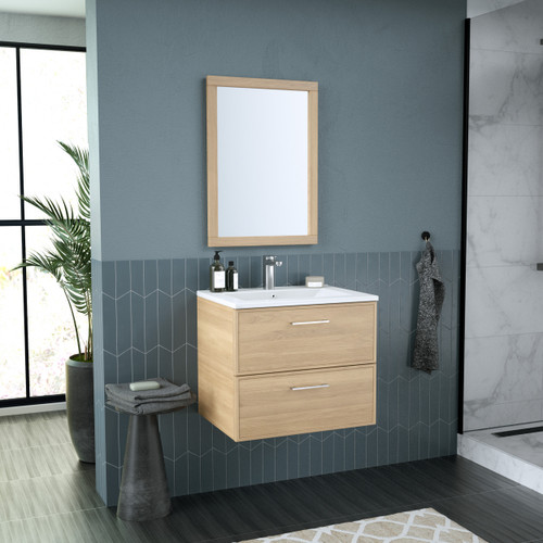 ALBURY Set 60 cm, 2 drawers with white ceramic wash-basin and rectangular mirror, Oak