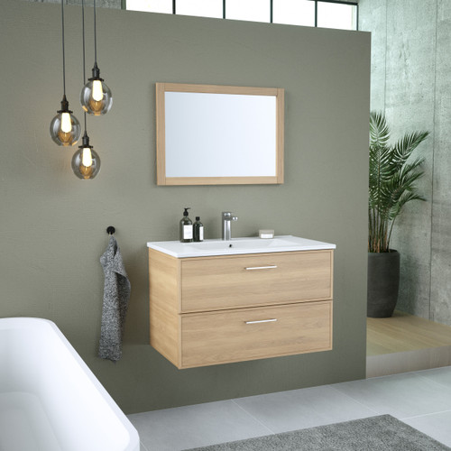 ALBURY Set 80 cm, 2 drawers with white ceramic wash-basin and rectangular mirror, Oak