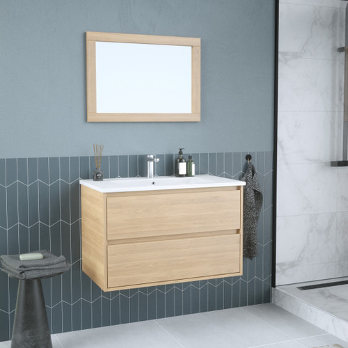 LINDEN Set 80 cm, 2 drawers with white ceramic wash-basin and rectangular mirror, Oak