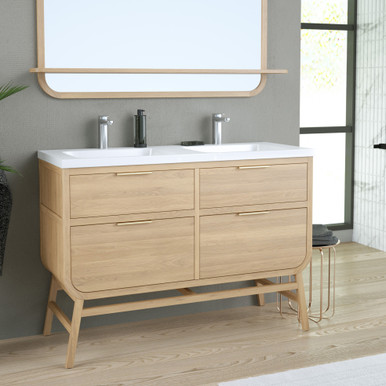 BELANDRE Cabinet 80 cm, 2 drawers with white ceramic wash-basin, Oak