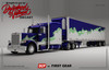 Blue, gray, white & lime Peterbilt 389 with 53' Spread-axle refrigerated van