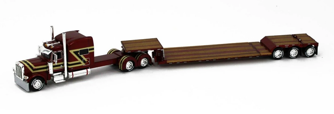 Stretched Dark Red & Gold Peterbilt 389 70" Midroof w/Fontaine Renegade Lowboy Trailer & Flip  Axle