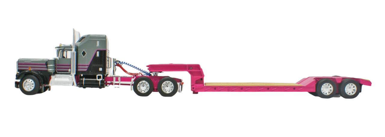Pink, Black, & Gray Kenworth A-Model with Aerodyne sleeper and Rogers lowboy